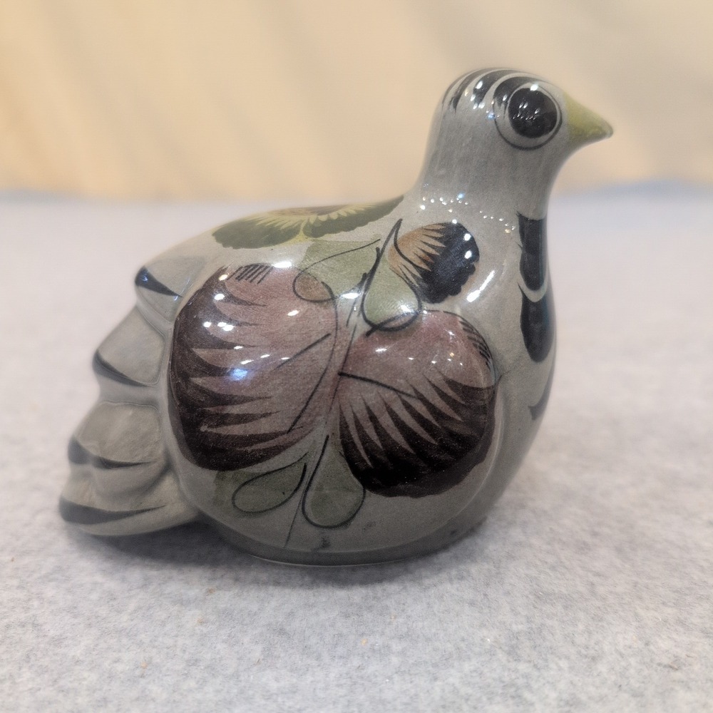Tonala Mexican Folk Art Ceramic Bird Figurine Hand Painted Signed Gray Brown - Picture 1 of 6